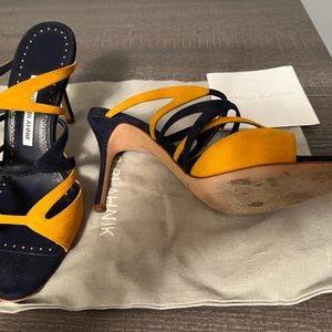 Manolo Blahnik strappy navy and mustard beautiful sandals size 38